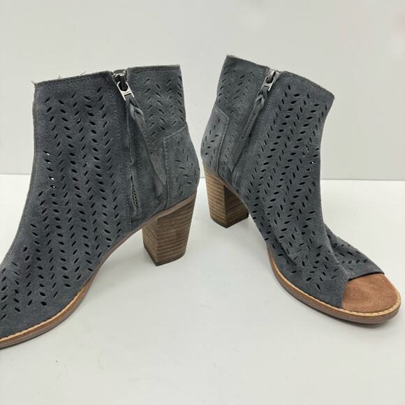 TOMS Majorca Gray Suede Leather Perforated Open Toe Ankle Bootie Heeled Sandals - Picture 10 of 12
